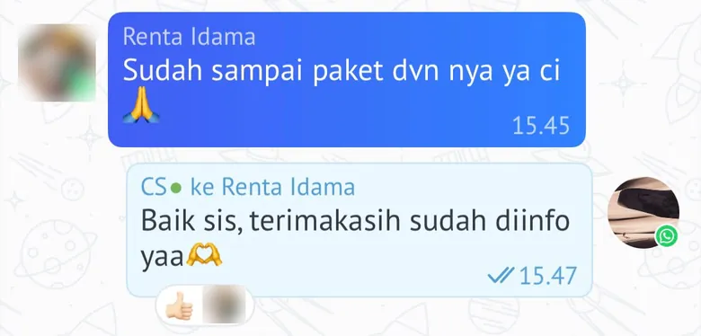 Screenshot chat pelanggan: Sudah sampai paket dvn nya ya ci
