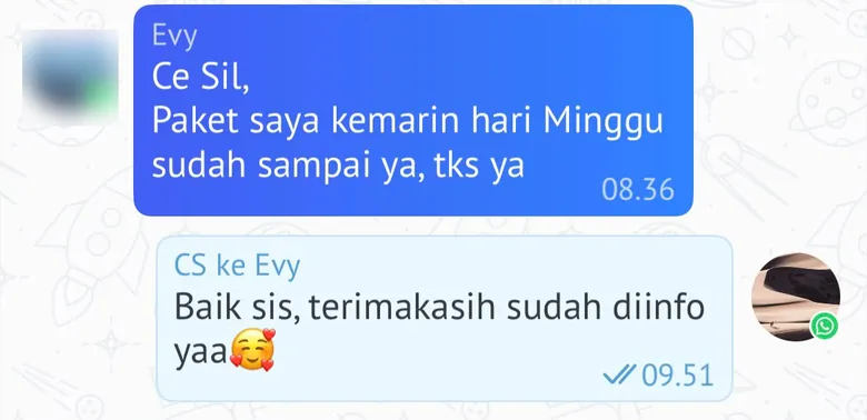 Screenshot chat pelanggan: Paket saya kemarin hari Minggu sudah sampai ya, tks ya