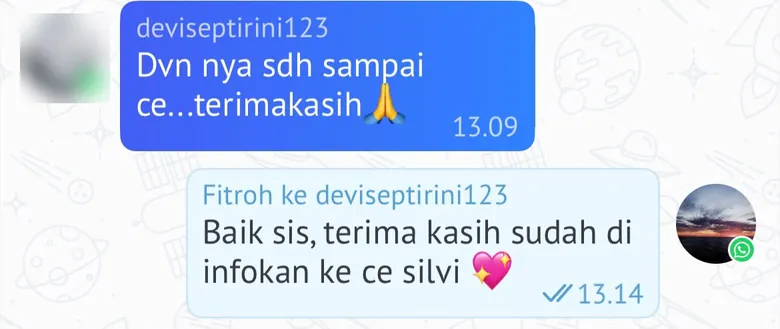 Screenshot chat pelanggan: Dvn nya sdh sampai ce, terimakasih